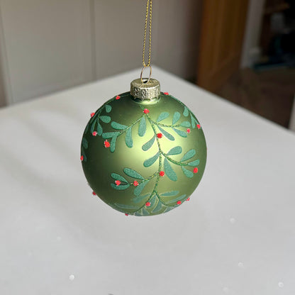 Frosted Green Glass Mistletoe Christmas Bauble – 8cm