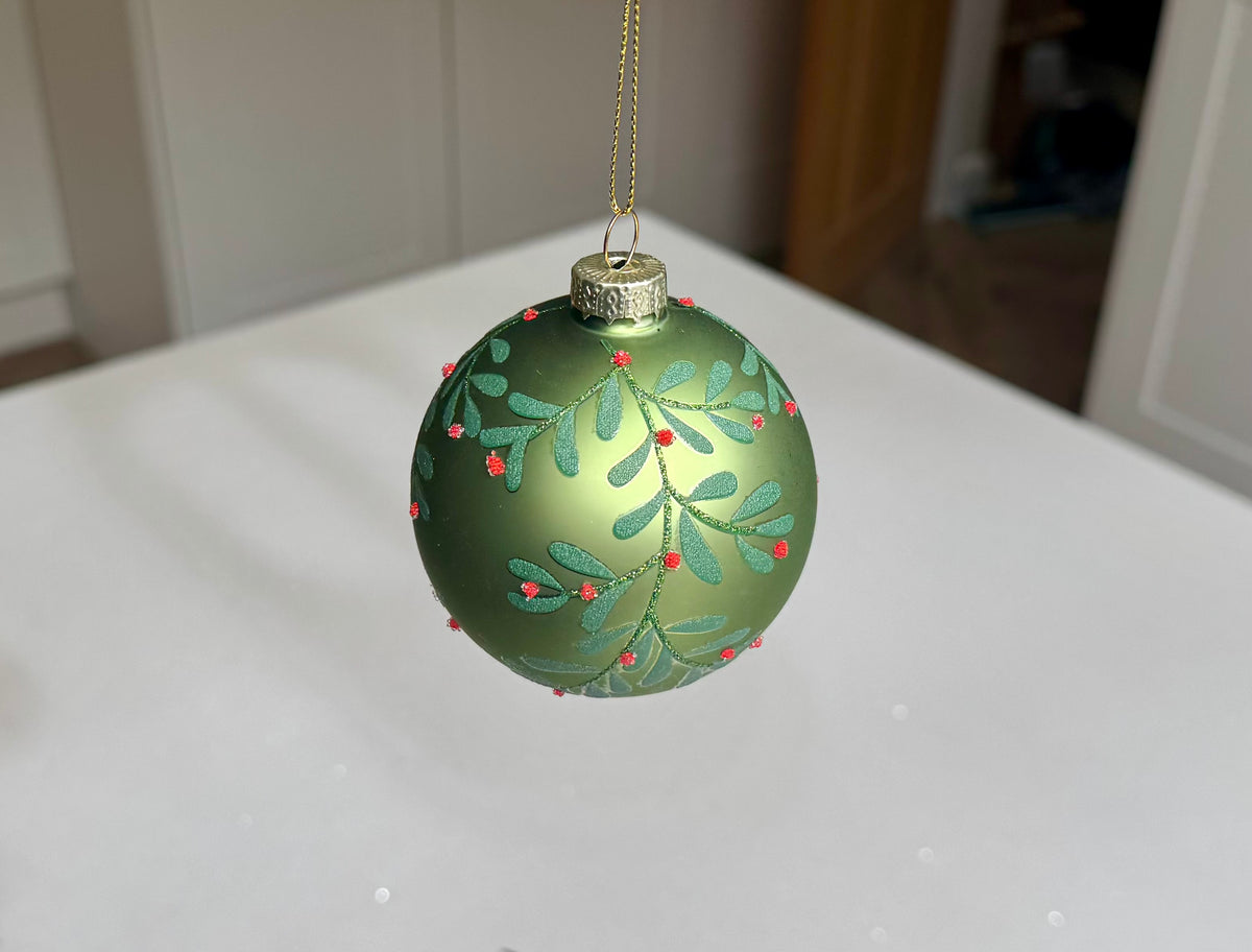 Frosted Green Glass Mistletoe Christmas Bauble – 8cm