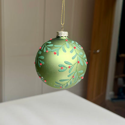 Frosted Green Glass Mistletoe Christmas Bauble – 8cm