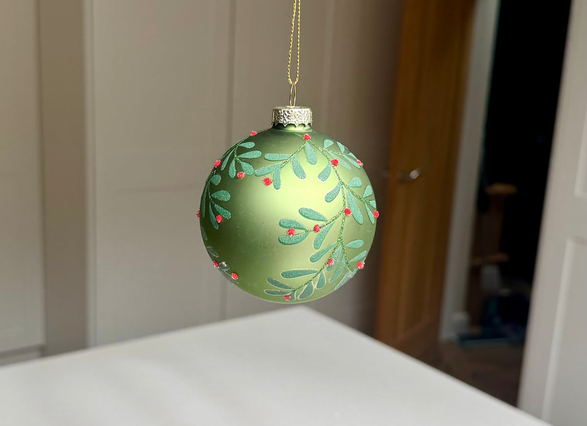 Frosted Green Glass Mistletoe Christmas Bauble – 8cm