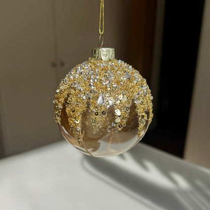 Gold Sequin & Crystal Glass Christmas Bauble – 8cm