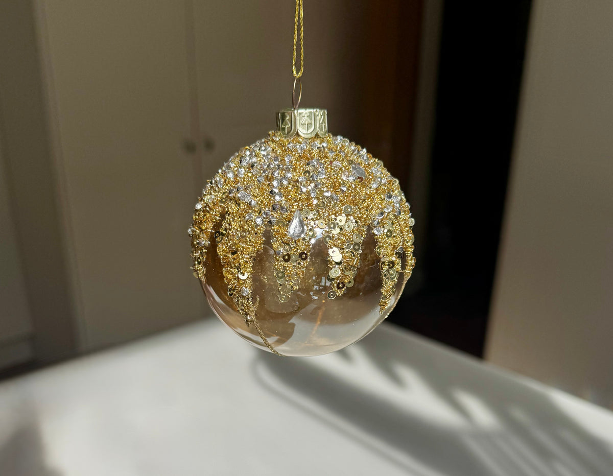 Gold Sequin & Crystal Glass Christmas Bauble – 8cm