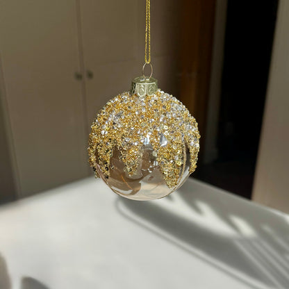Gold Sequin & Crystal Glass Christmas Bauble – 8cm