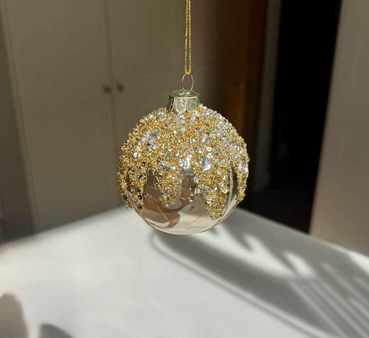 Gold Sequin & Crystal Glass Christmas Bauble – 8cm
