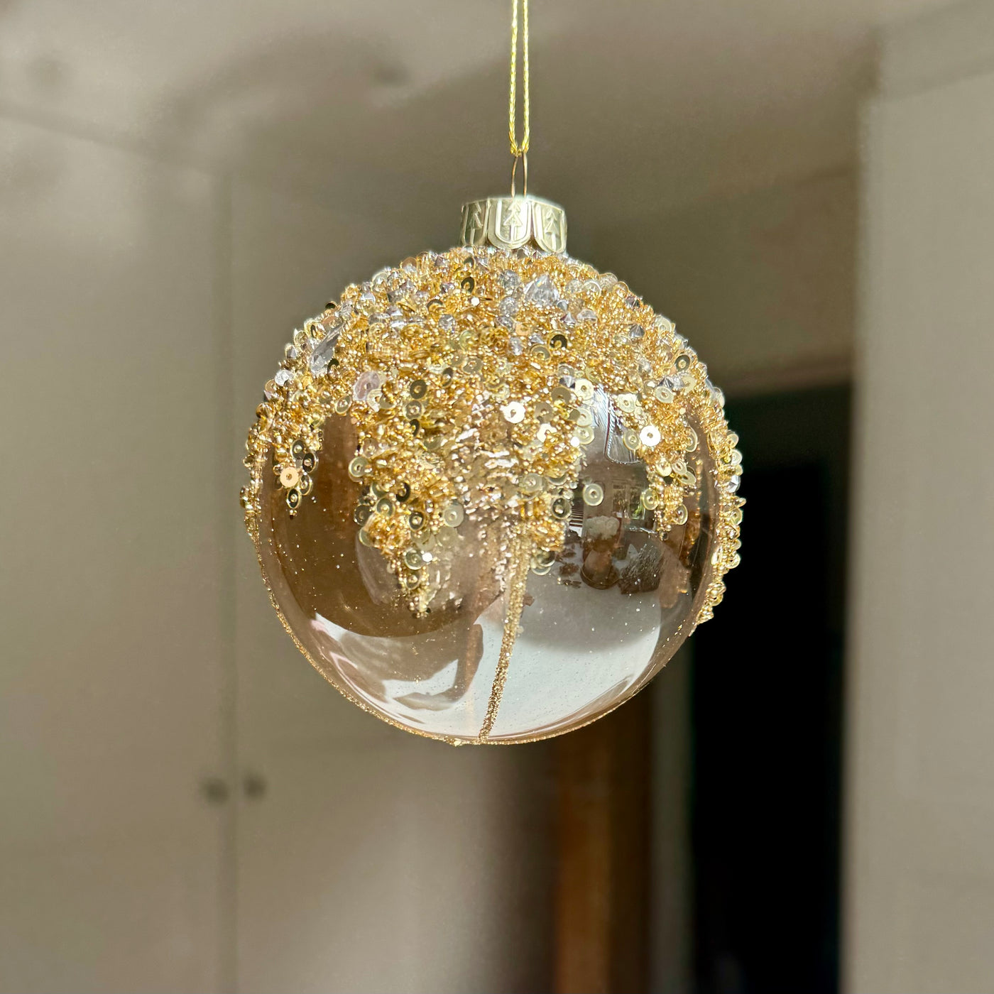 Gold Sequin & Crystal Glass Christmas Bauble – 8cm