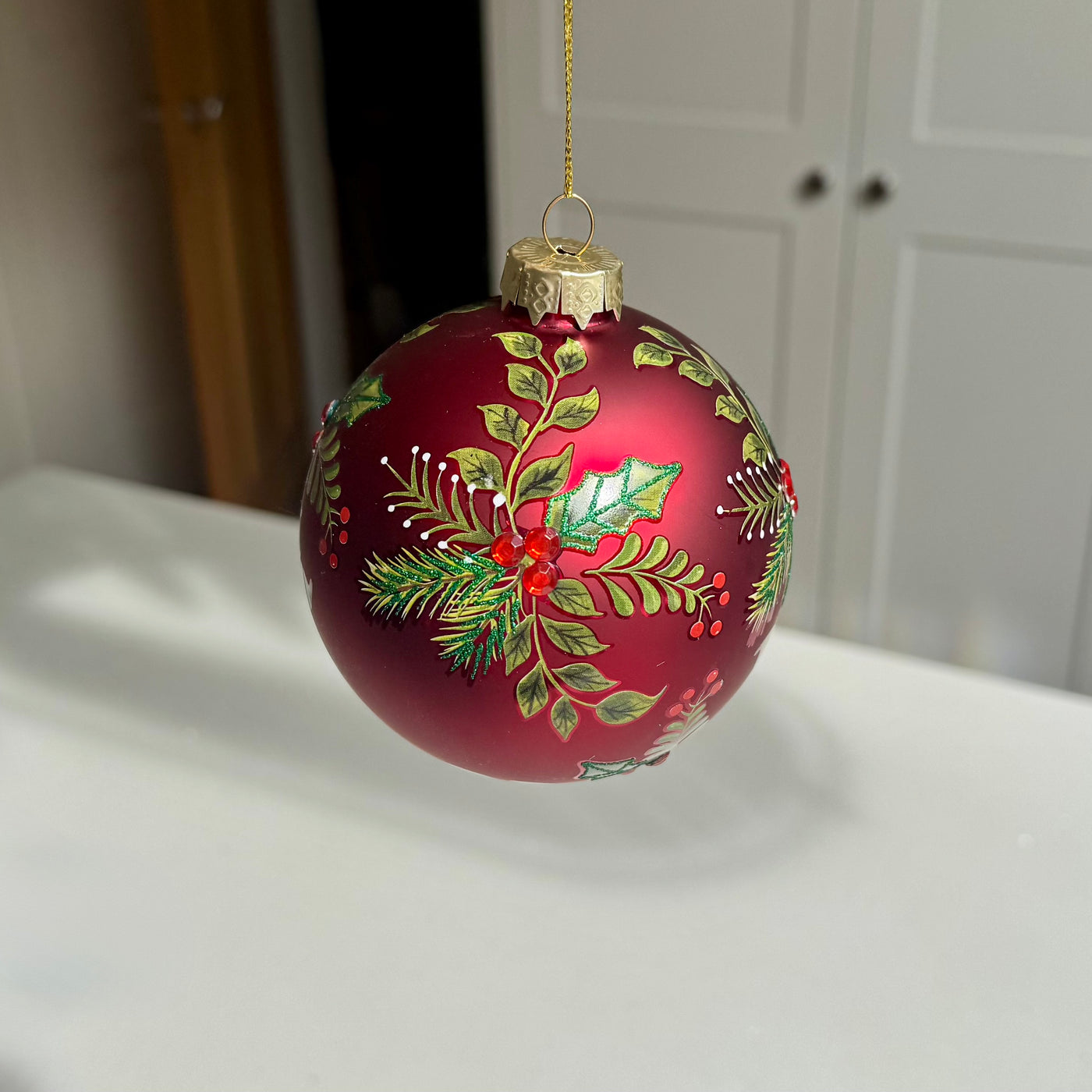 Red Botanical Glass Christmas Bauble – Two Sizes