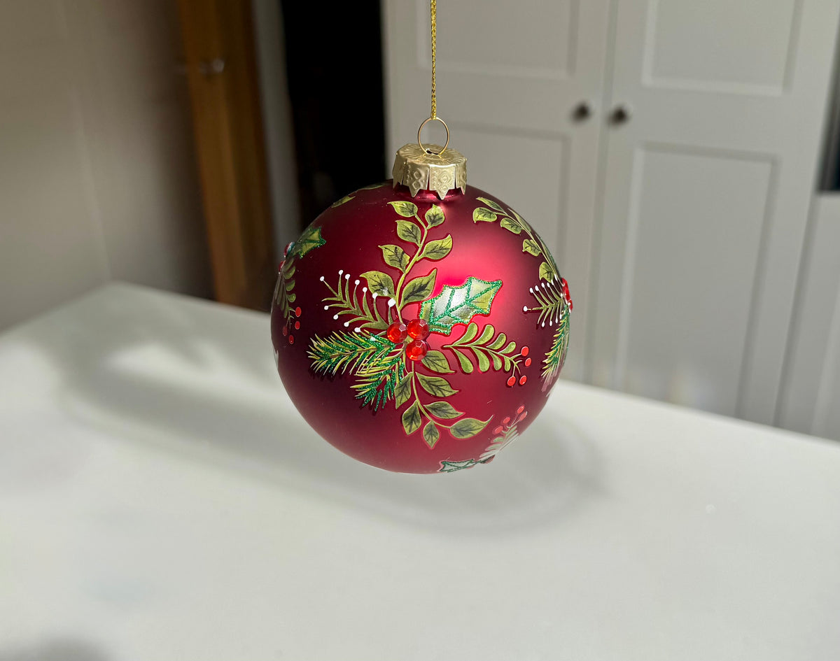 Red Botanical Glass Christmas Bauble – Two Sizes