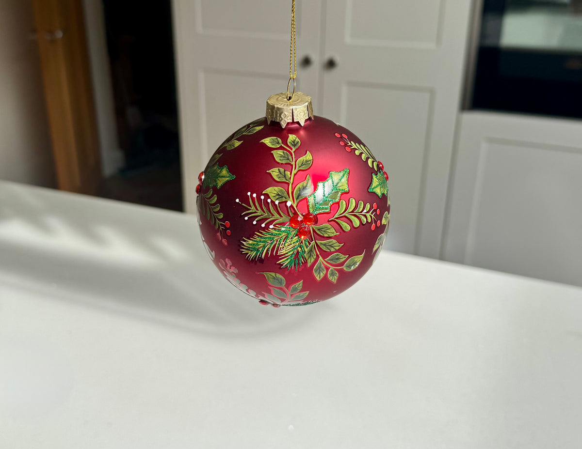 Red Botanical Glass Christmas Bauble – Two Sizes
