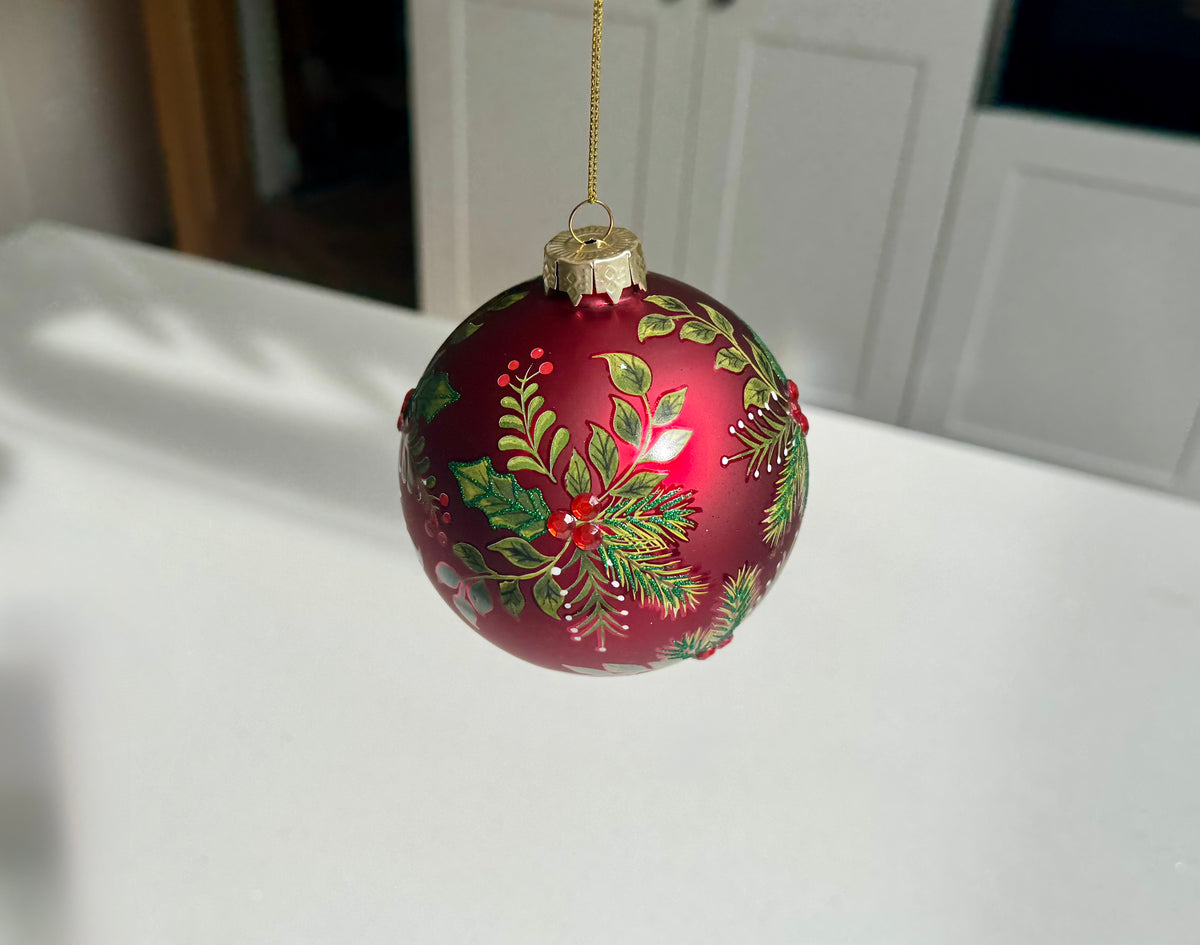 Red Botanical Glass Christmas Bauble – Two Sizes