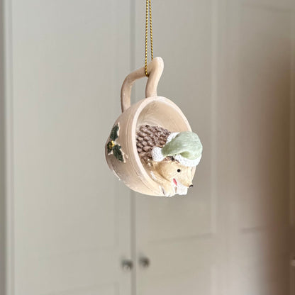 Festive Hedgehog in a Teacup Bauble – Resin Christmas Ornament