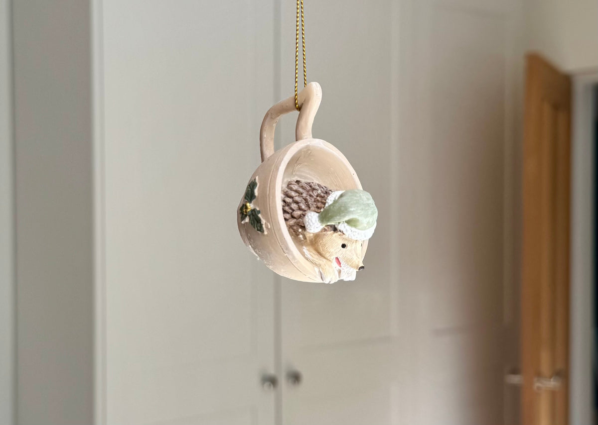 Festive Hedgehog in a Teacup Bauble – Resin Christmas Ornament
