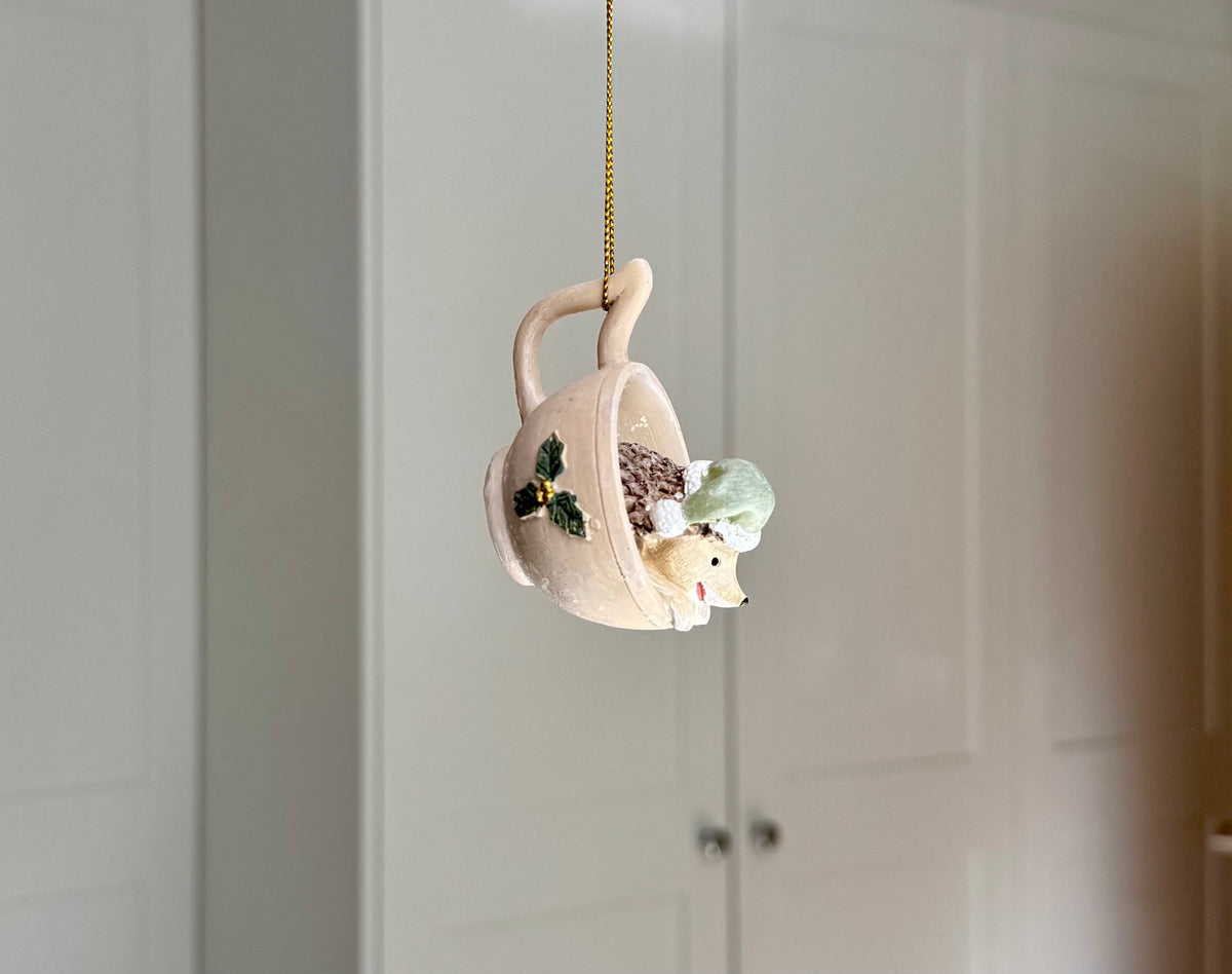 Festive Hedgehog in a Teacup Bauble – Resin Christmas Ornament