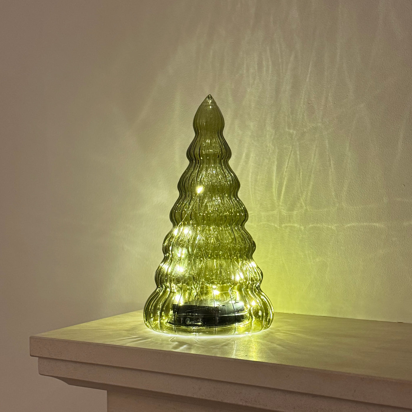 Green Glass LED Christmas Tree with Timer, 22cm