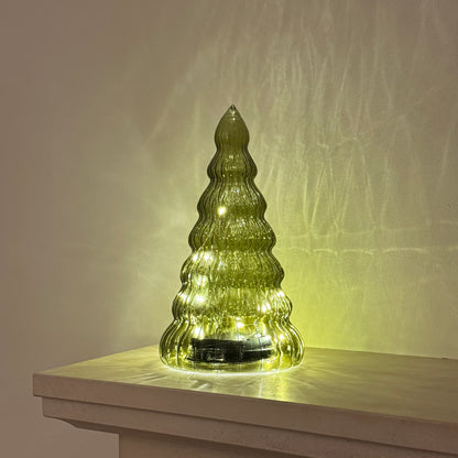 Green Glass LED Christmas Tree with Timer, 22cm