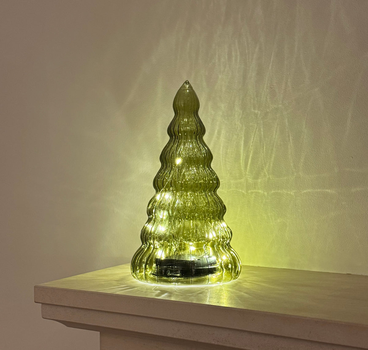 Green Glass LED Christmas Tree with Timer, 22cm