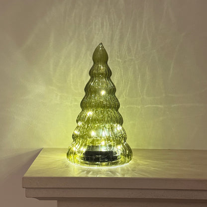 Green Glass LED Christmas Tree with Timer, 22cm