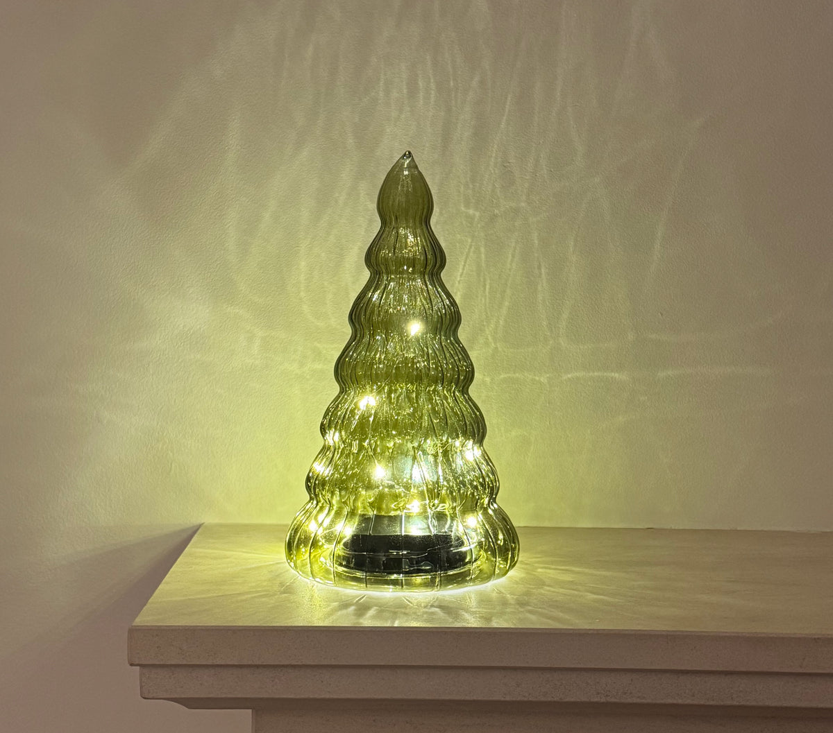 Green Glass LED Christmas Tree with Timer, 22cm