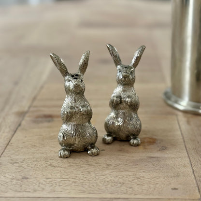 Mini pewter rabbit salt and pepper shakers standing beside a candle holder