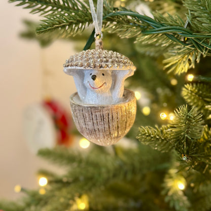 Hedgehog in an Acorn Christmas bauble – Natural
