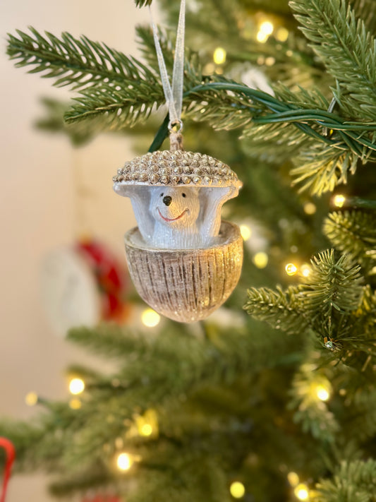 Hedgehog in an Acorn Christmas Bauble