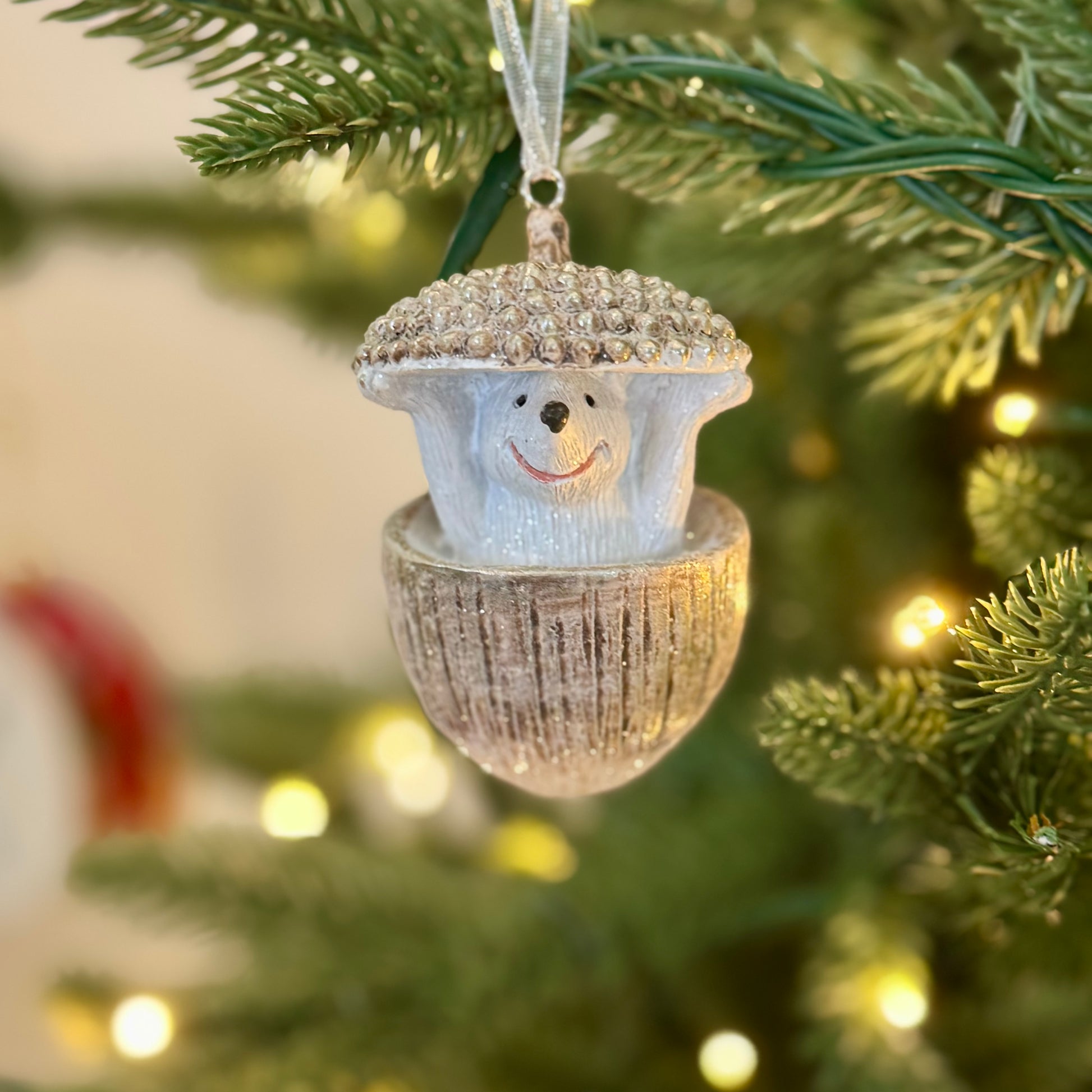 7.5cm hedgehog in acorn resin Christmas bauble