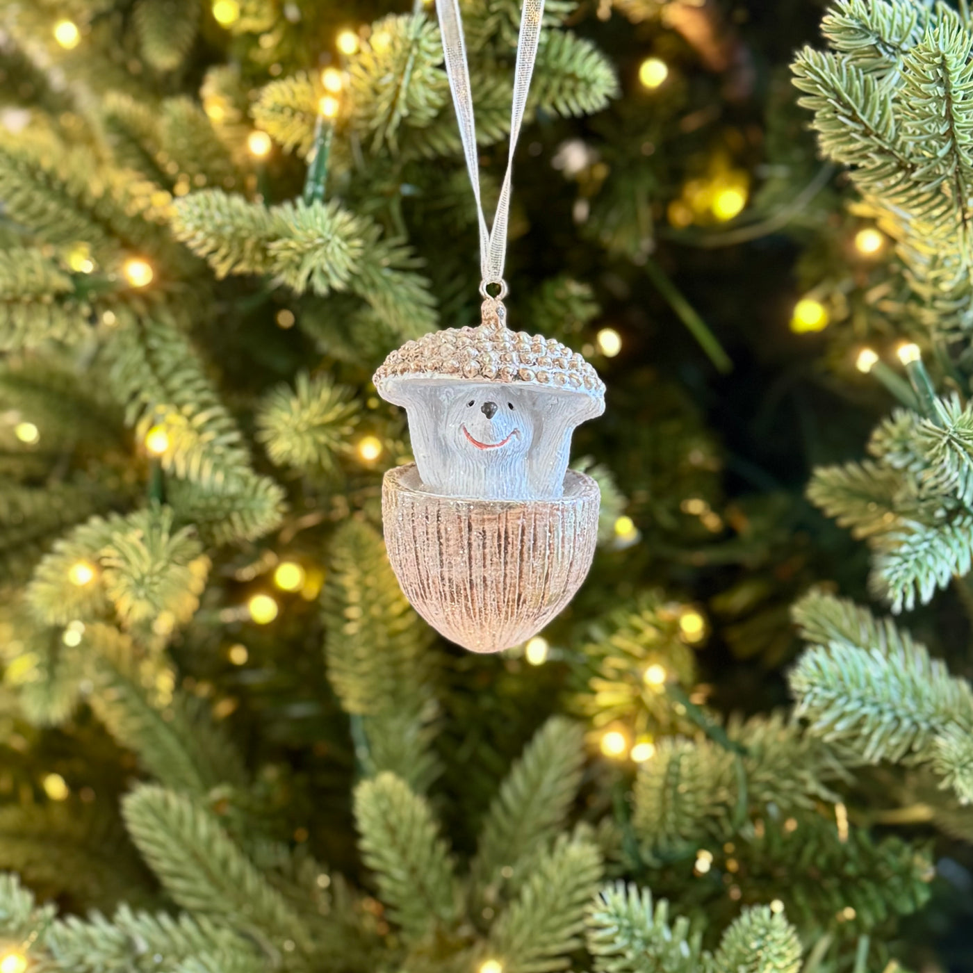 Rustic woodland hedgehog Christmas bauble with glitter detail