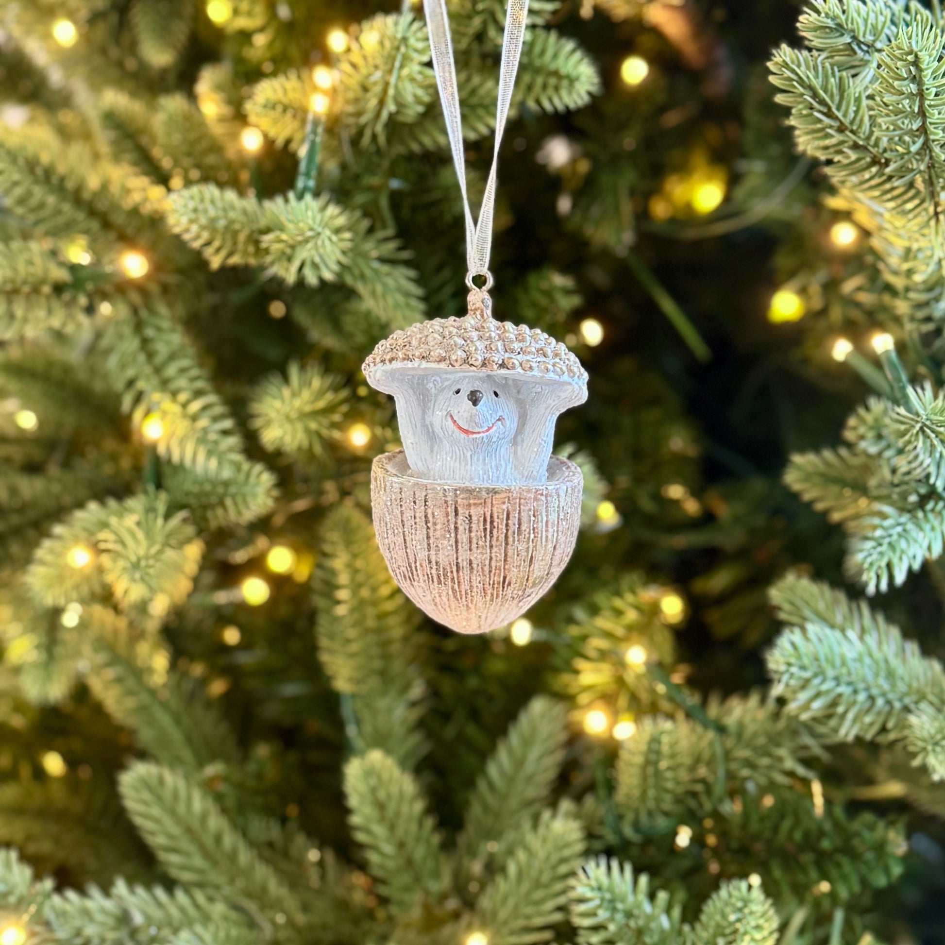 Rustic woodland hedgehog Christmas bauble with glitter detail