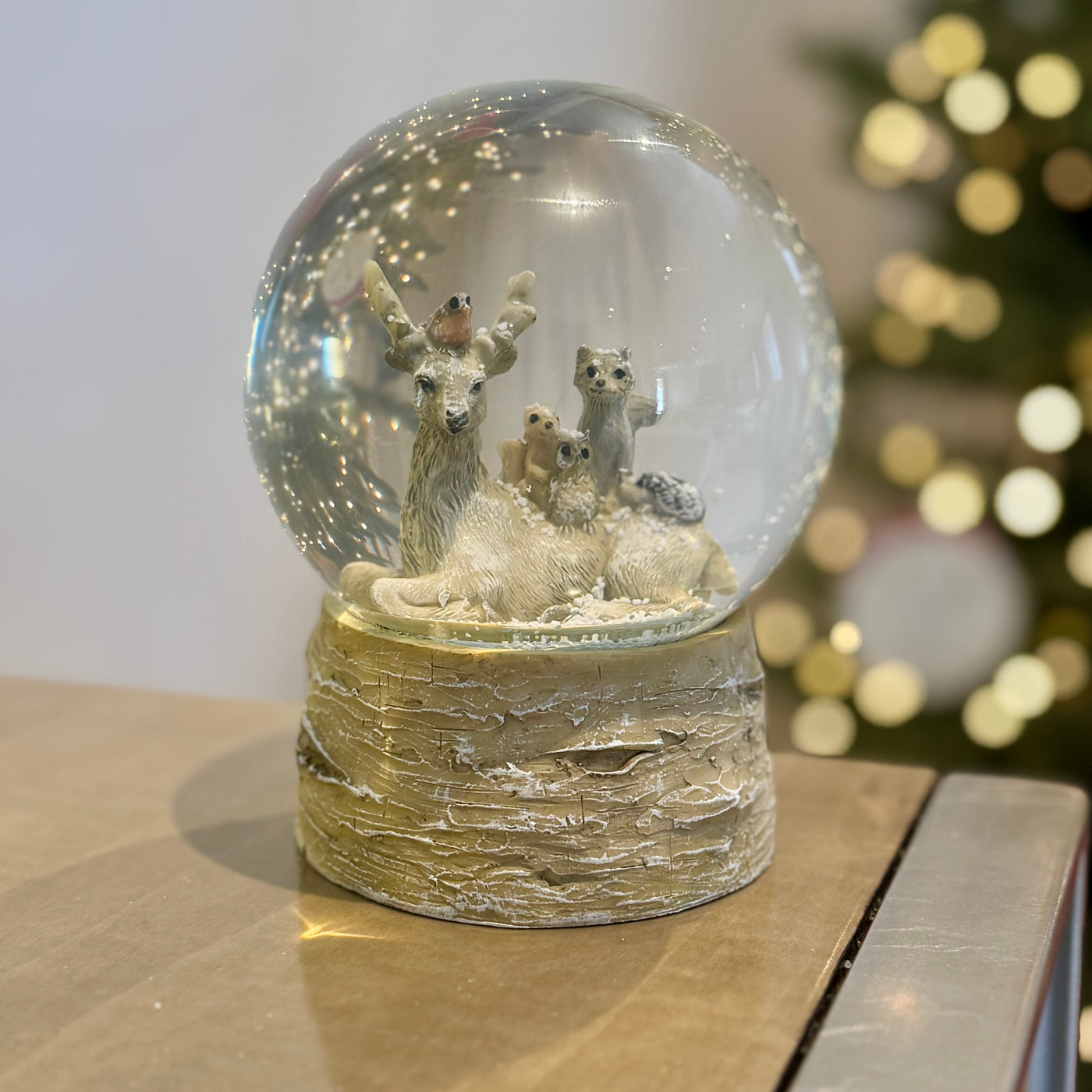 Beige Forest Friends Snow Globe with Bark Base 13.5cm