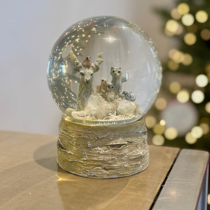 Beige Forest Friends Snow Globe with Bark Base 13.5cm
