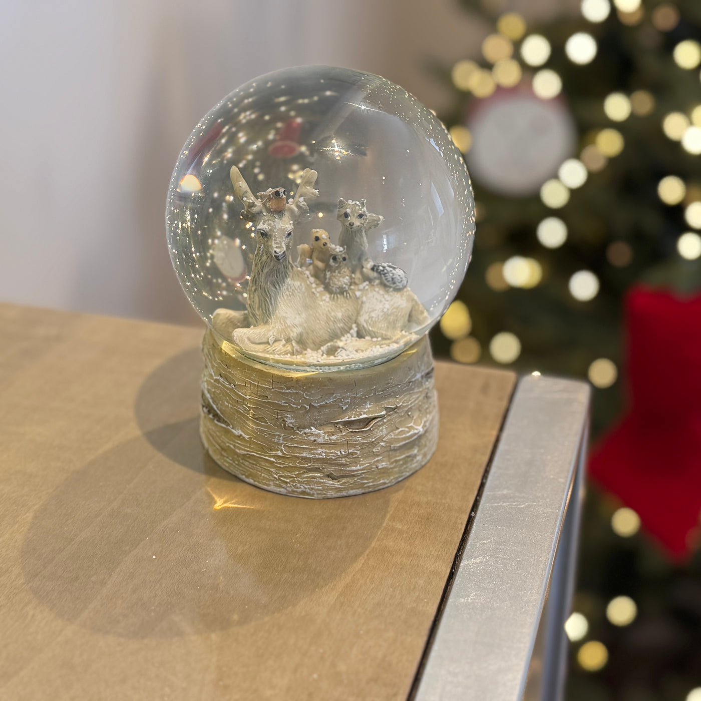 Beige Forest Friends Snow Globe with Bark Base 13.5cm