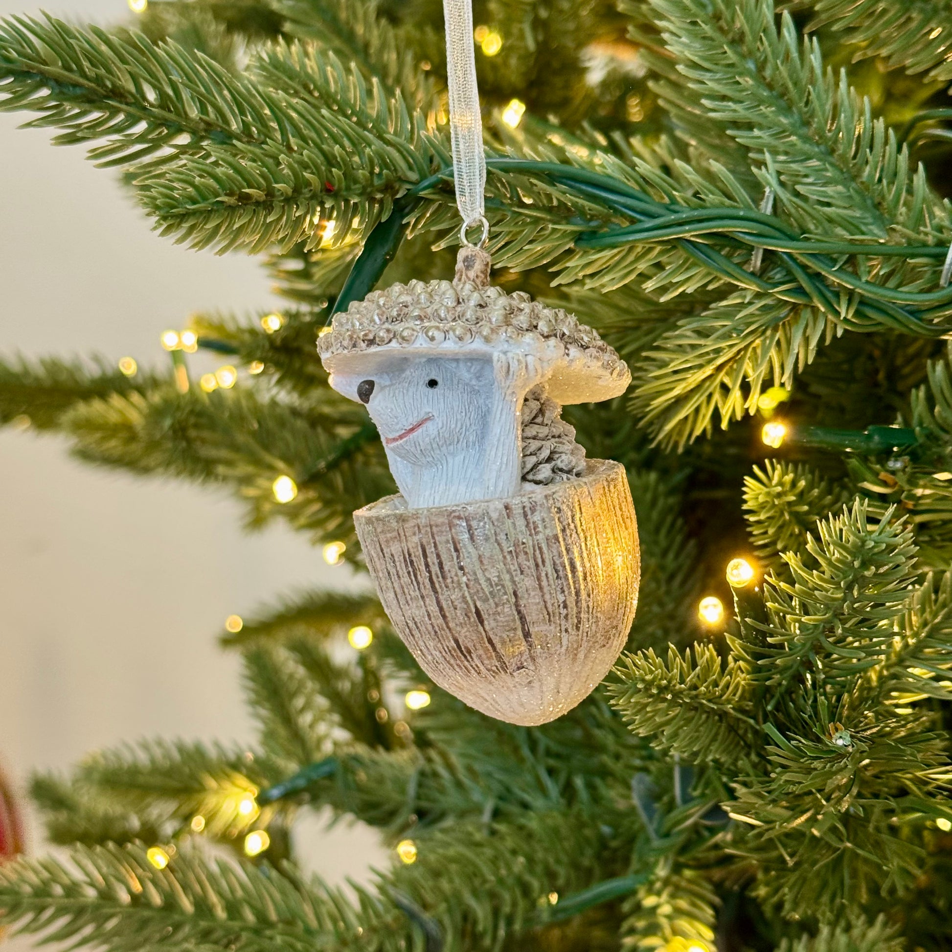 Hedgehog in an Acorn Christmas bauble – Gold