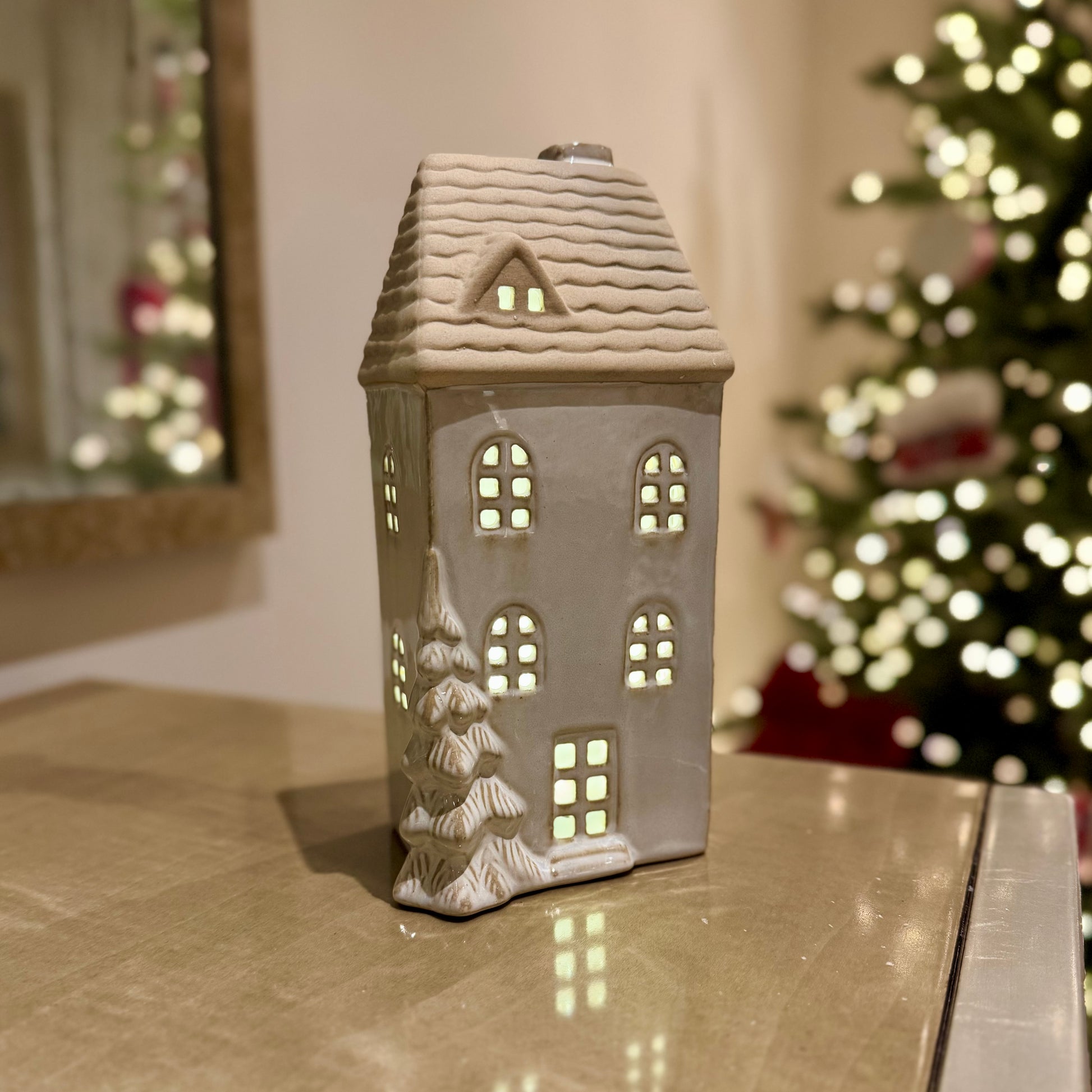 Ceramic Light-Up Christmas House with Trees and LED Light