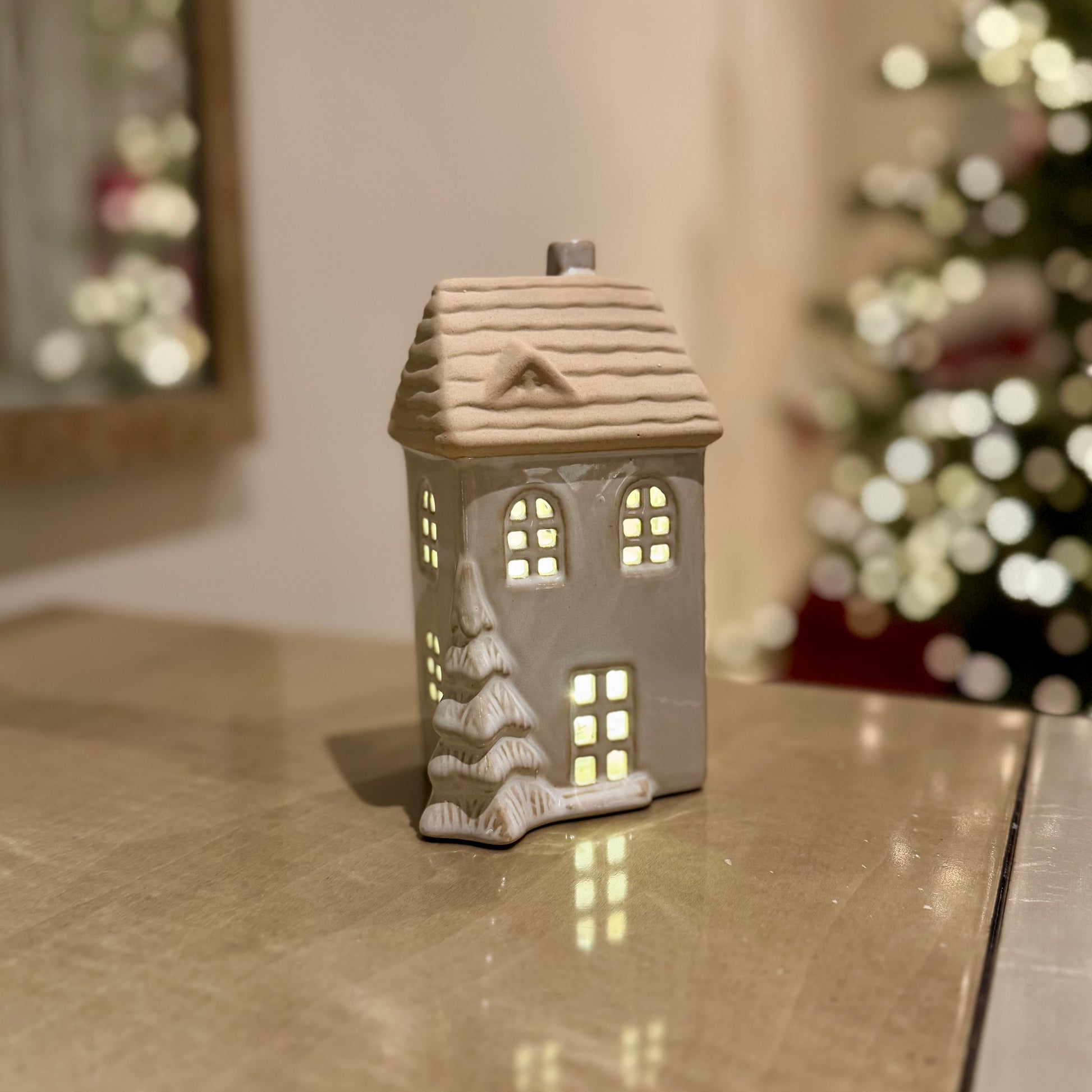 Ceramic Light-Up Christmas House with Trees and LED Light – Extra Large Wide House (17cm)
