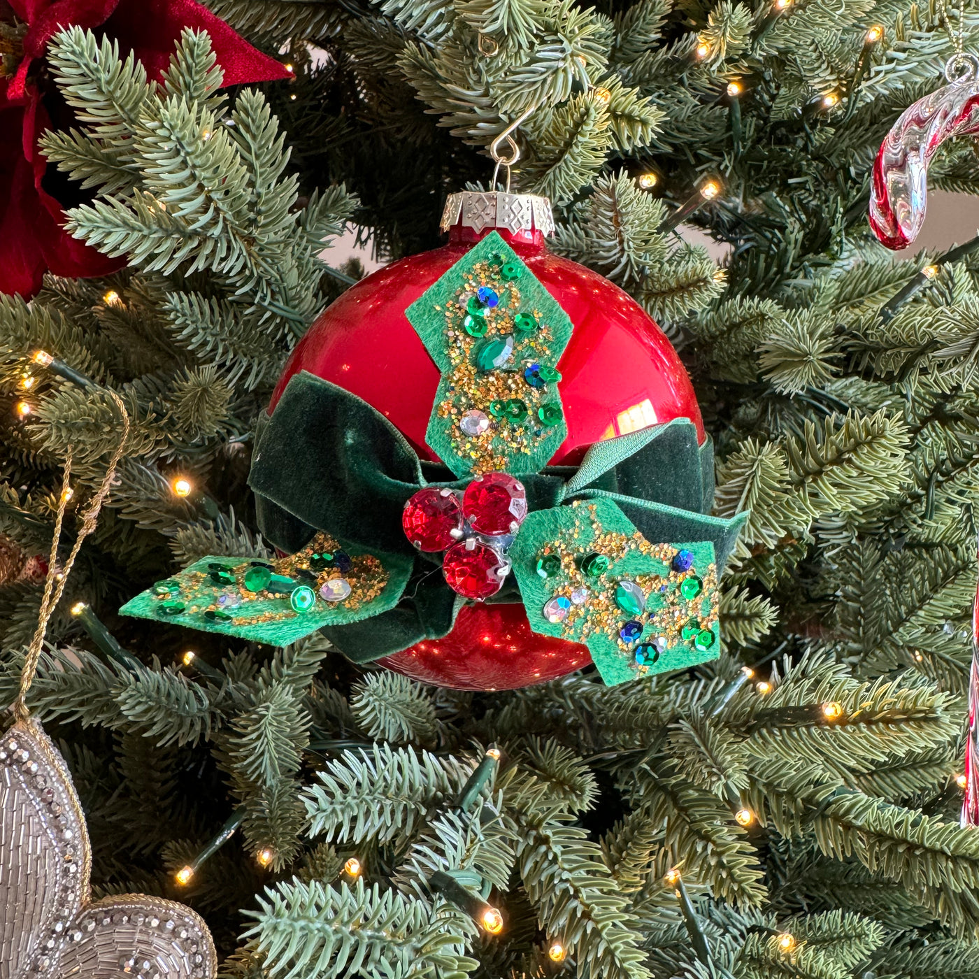 Glass Bauble in Red with Holly and Velvet Ribbon