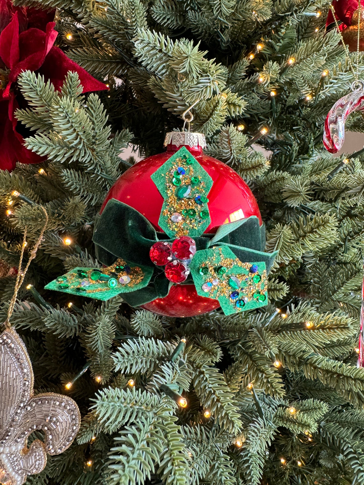 Red Glass Bauble with Holly and Velvet Ribbon
