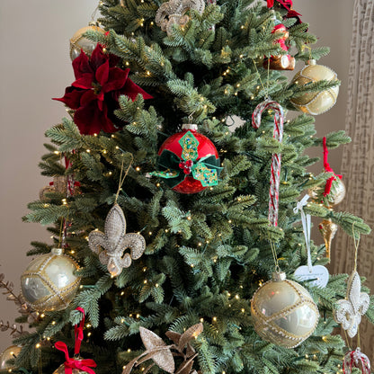 Glass Bauble in Red with Holly and Velvet Ribbon