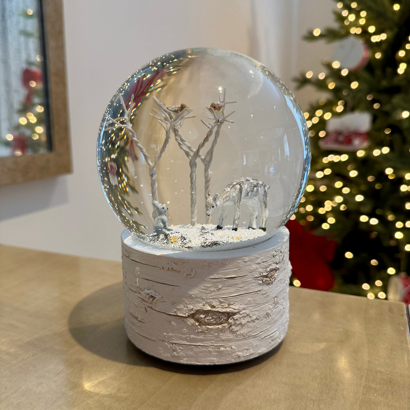 Forest Friends Christmas snow globe with deer rabbit and robins