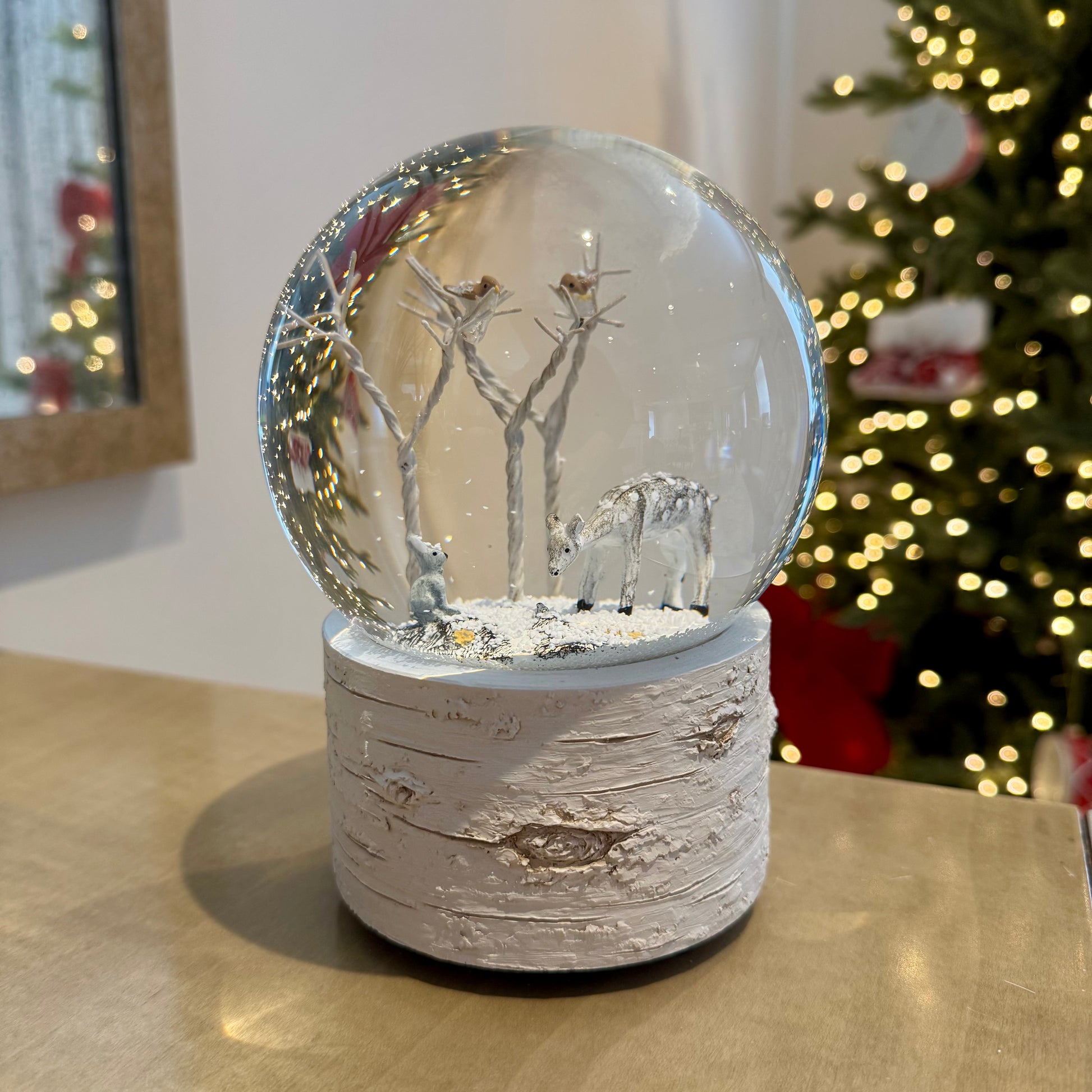 Forest Friends Christmas snow globe with deer rabbit and robins