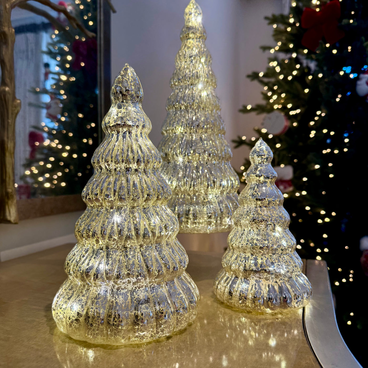 Mottled glass light-up Christmas trees – Woollaston White