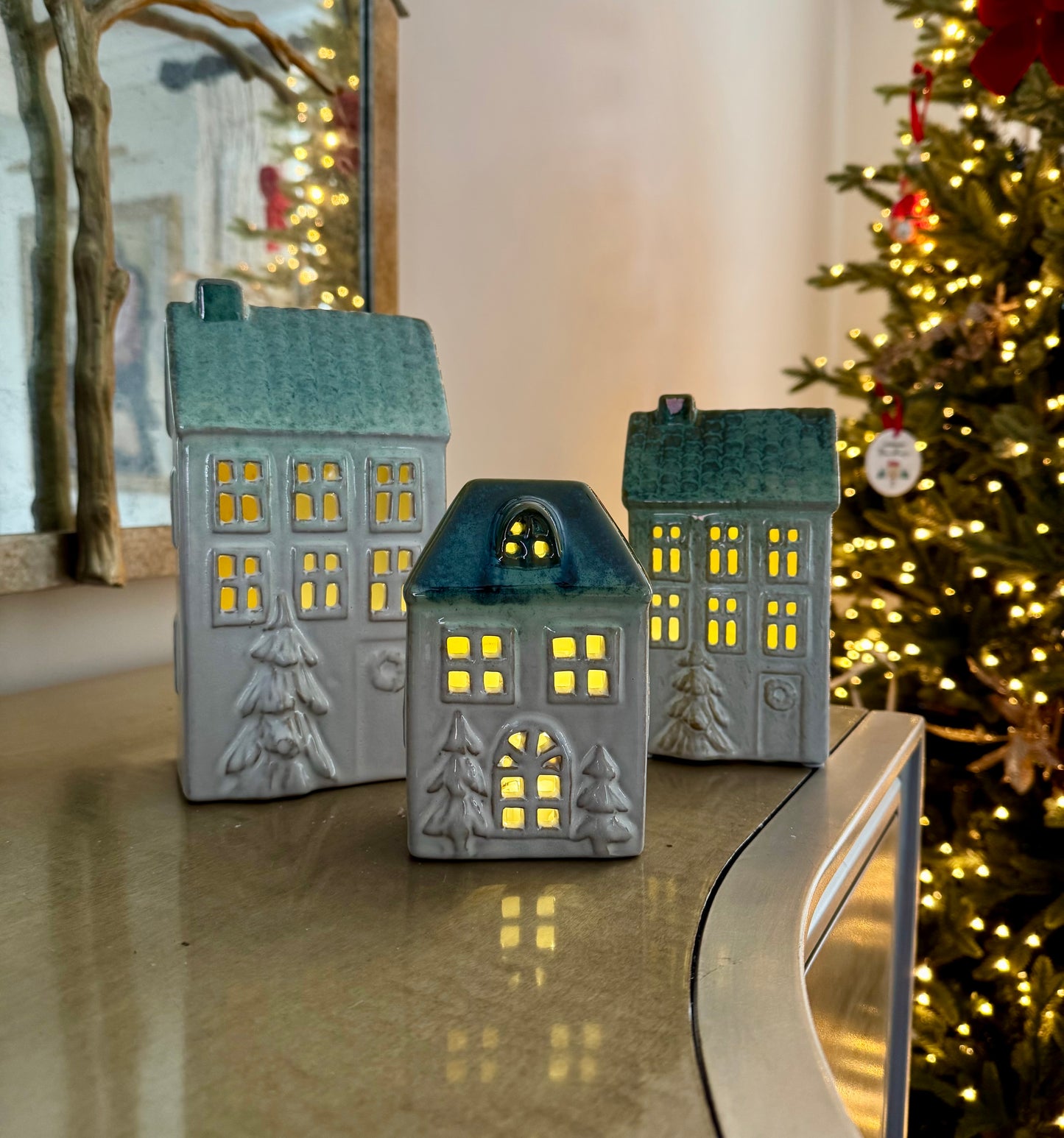 Ceramic Light Up Christmas Houses with Green Roof