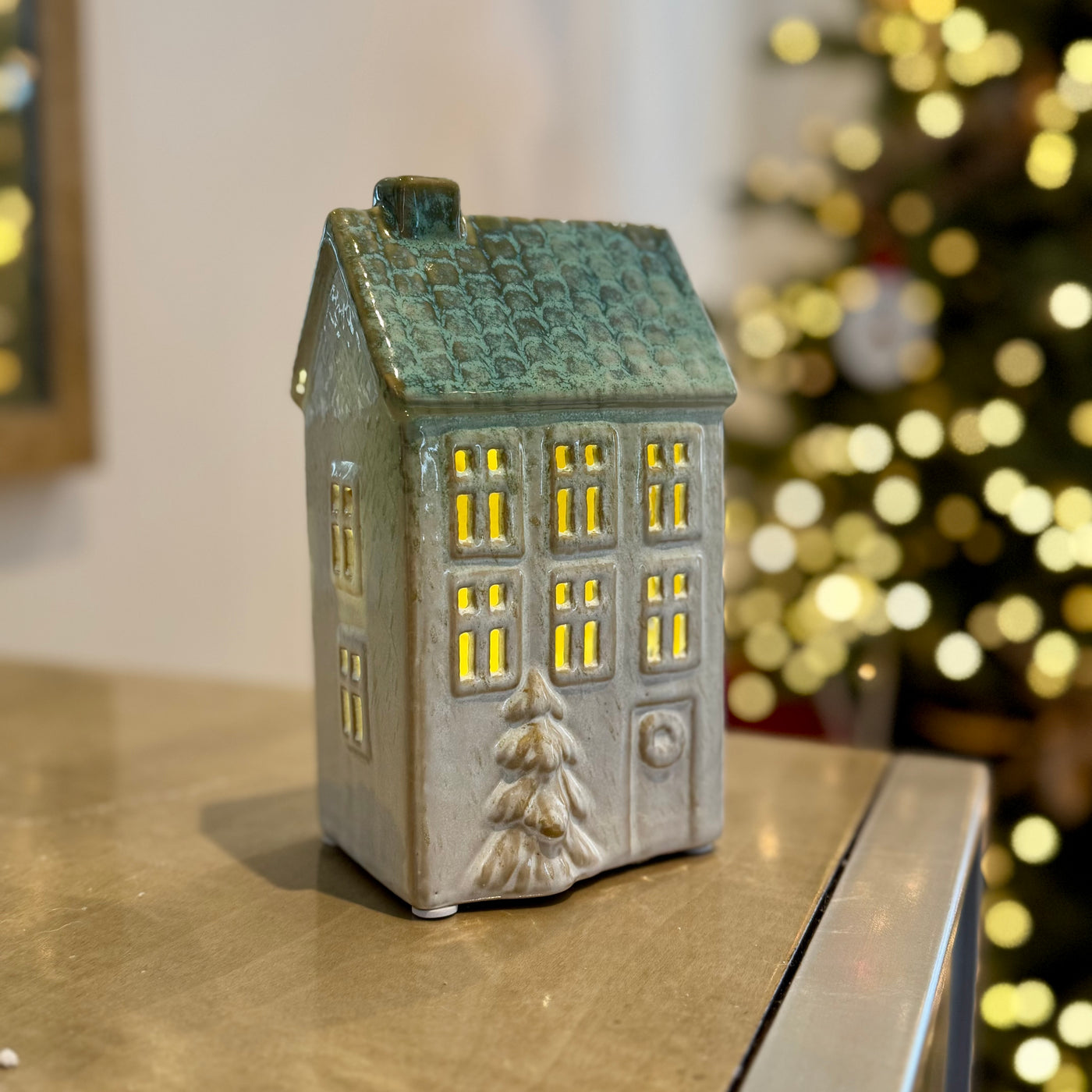 Ceramic Light-Up Christmas Houses with Green Roof