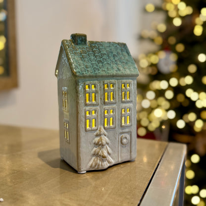 Ceramic Light-Up Christmas Houses with Green Roof