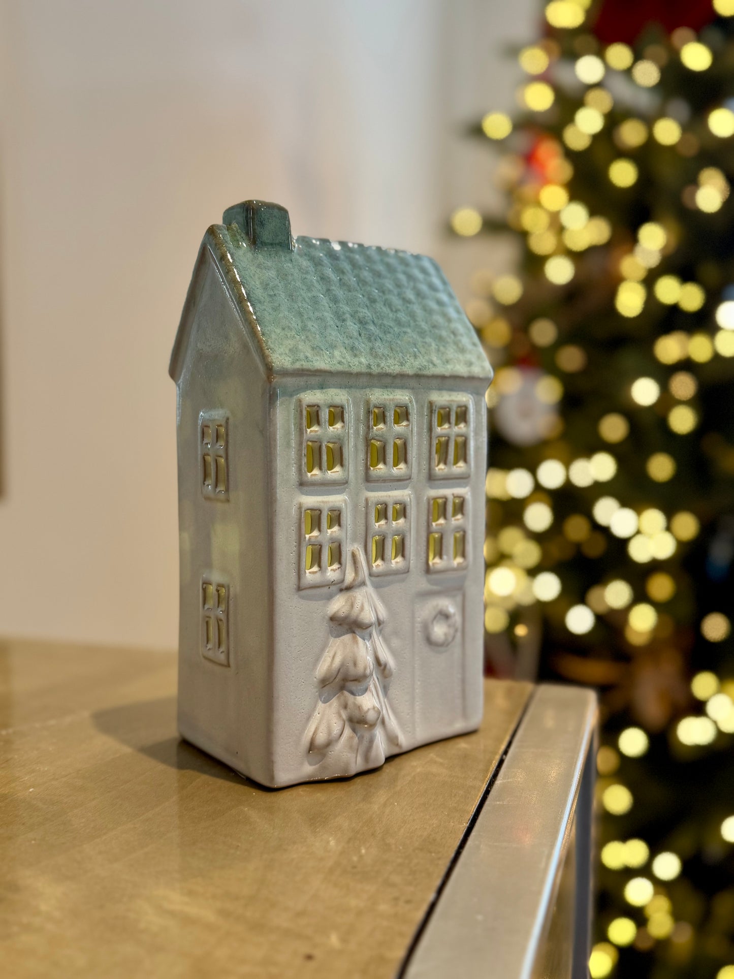 Ceramic Light Up Christmas Houses with Green Roof