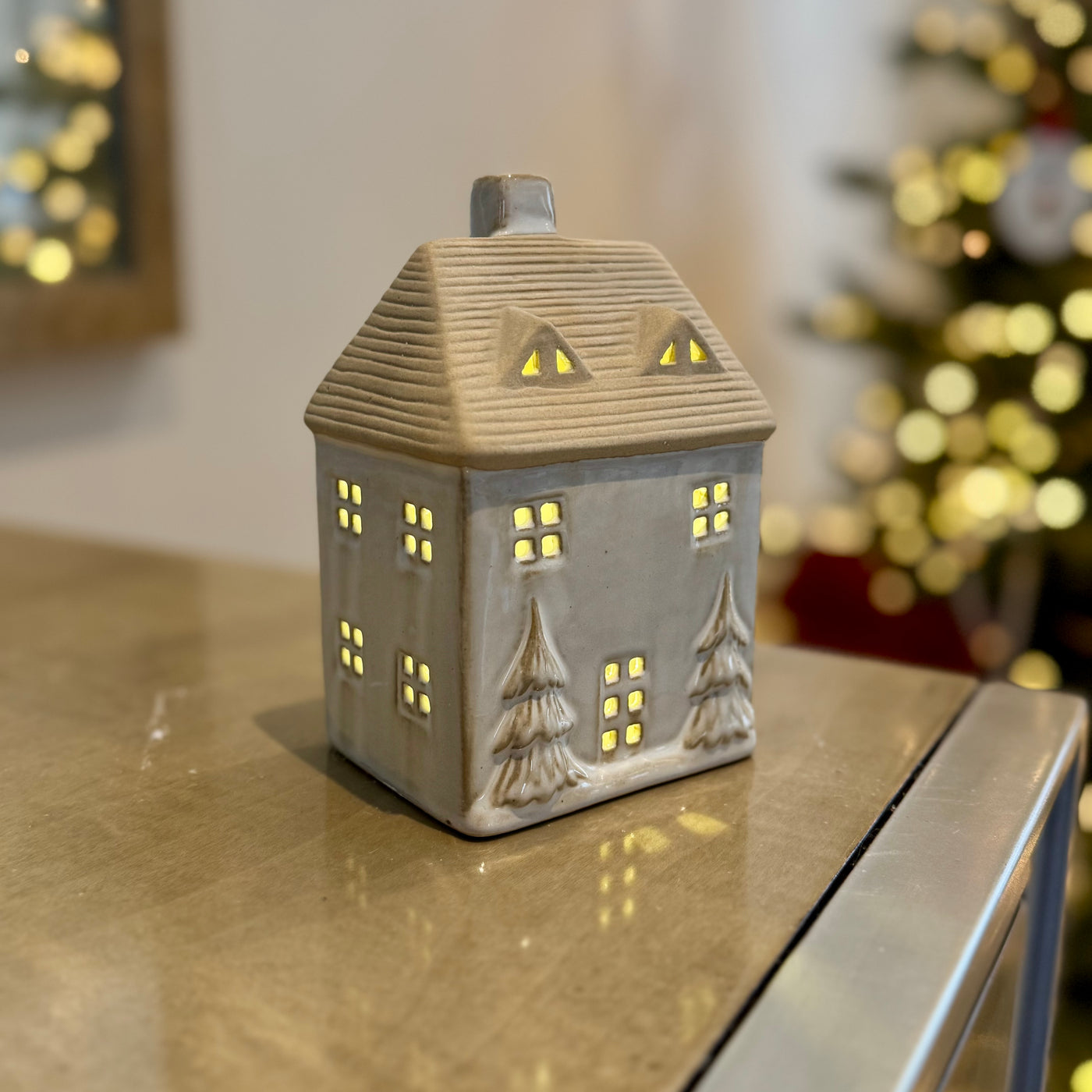 Ceramic Light-Up Christmas House with Trees and LED Light