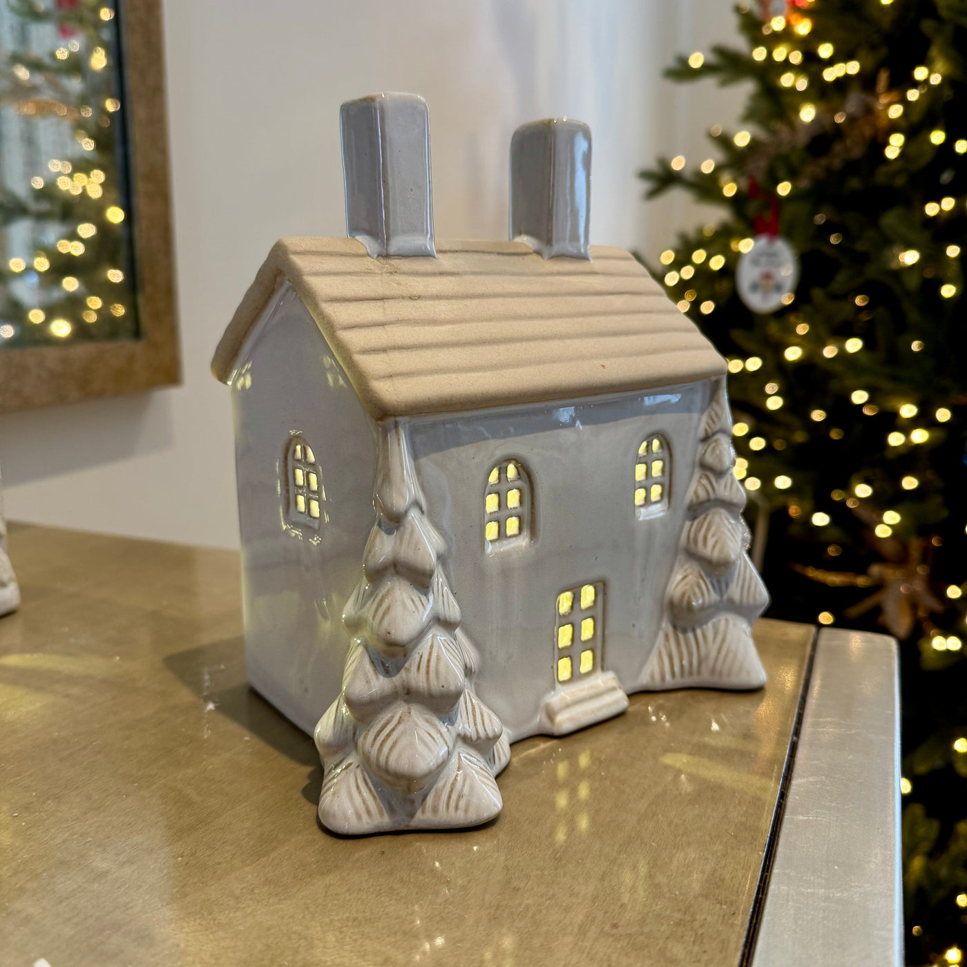 Ceramic Light-Up Christmas House with Trees and LED Light
