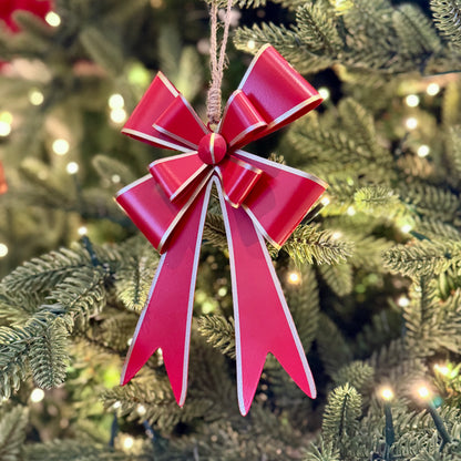 Christmas Red Metal Bow Baubles – Metal Christmas Tree Decoration in Red Velvet and Painted Red