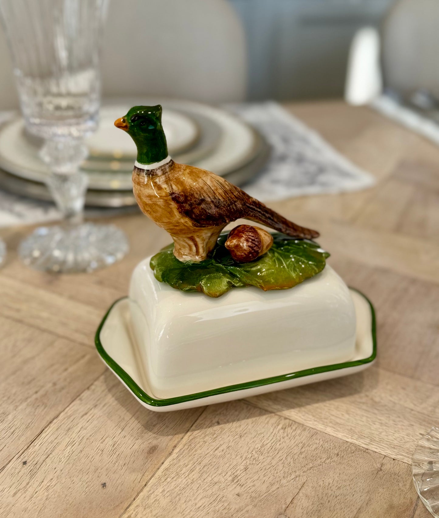 Hand Painted Pheasant Ceramic Butter Dish