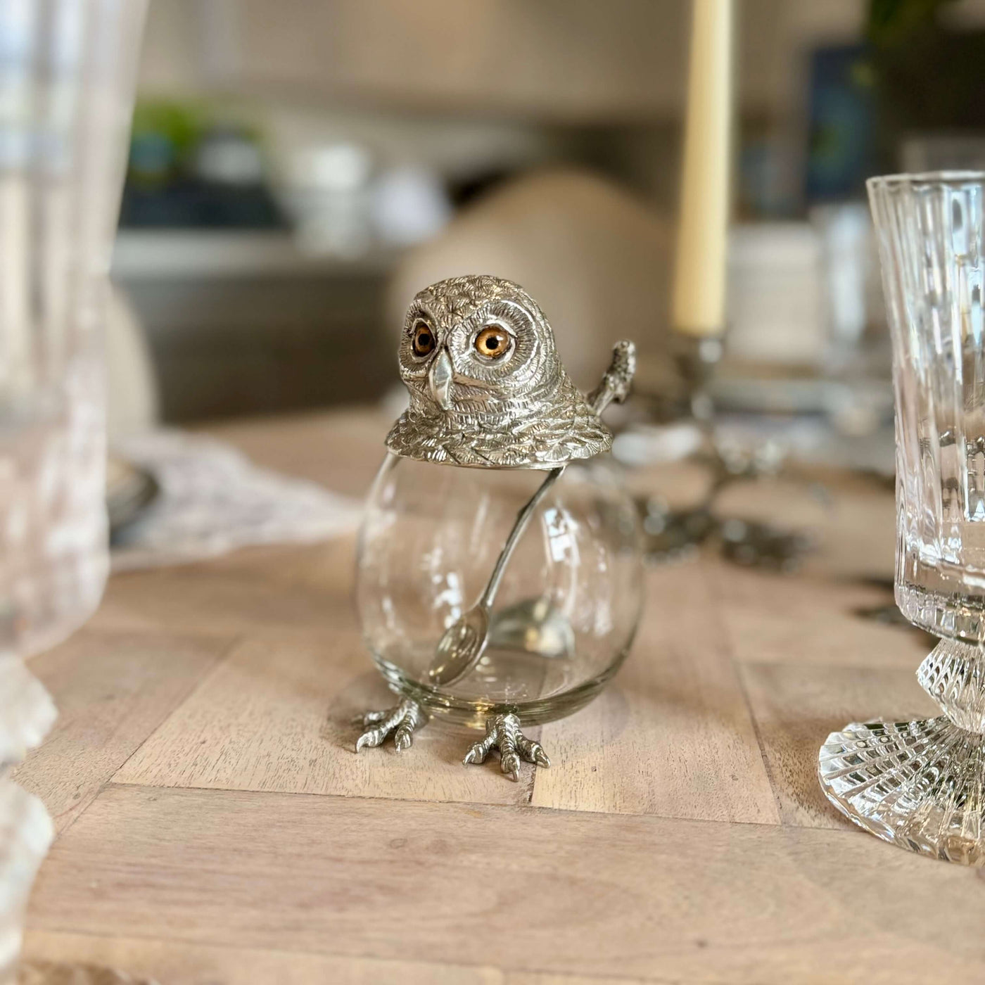 Owl Jar and Spoon Set in Pewter and Glass
