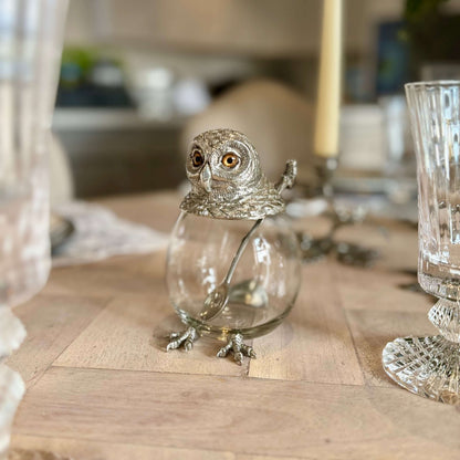 Owl Jar and Spoon Set in Pewter and Glass