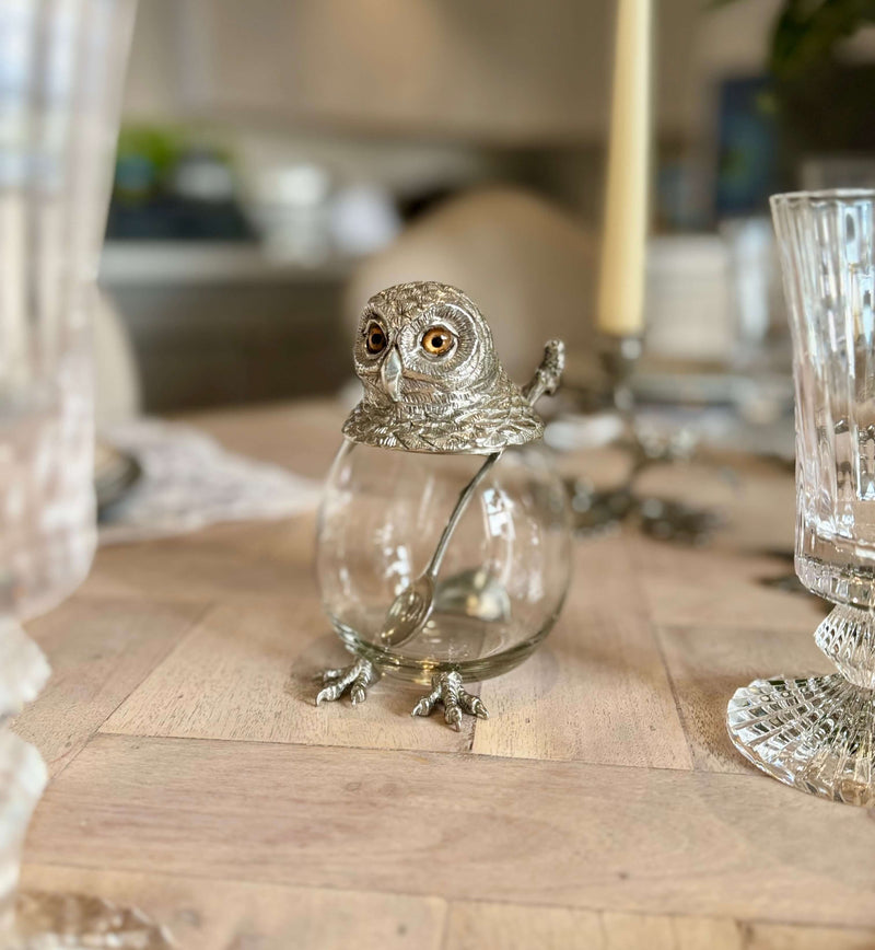 Owl Jar and Spoon Set in Pewter and Glass